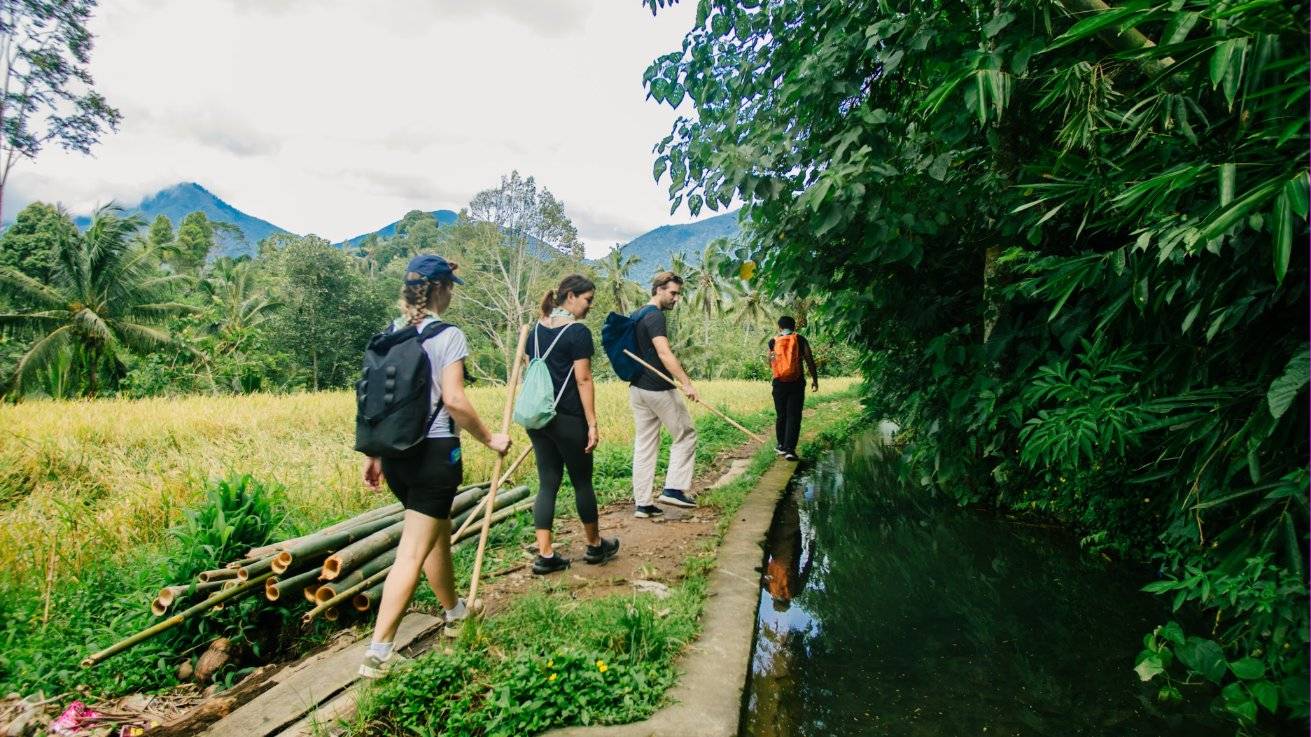 Pilgrims with bamboo staffs walking along an irrigation canal towards the mountains