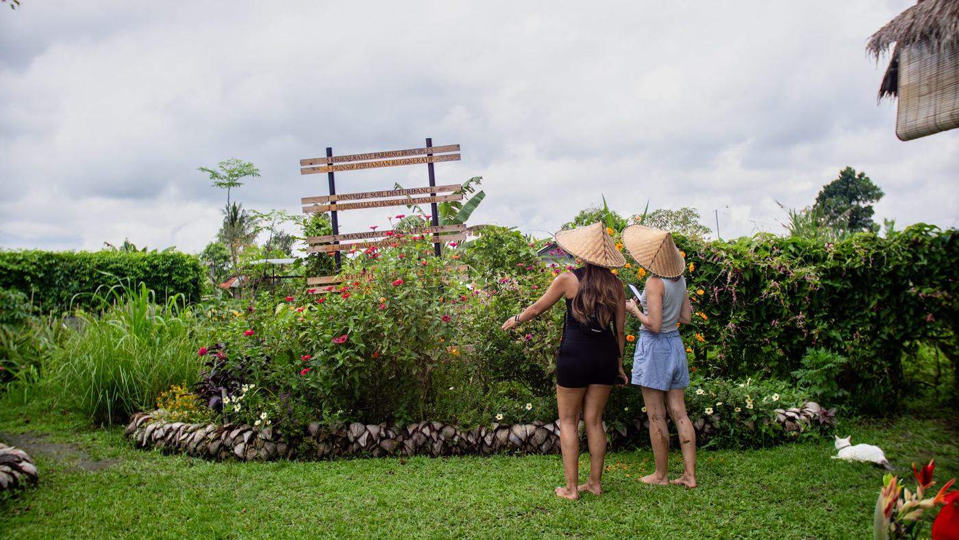 Two visitors in woven hats in the farm garden